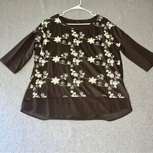 Hannah Women’s Blouse Floral Charcoal Black White Short Sleeve size L
